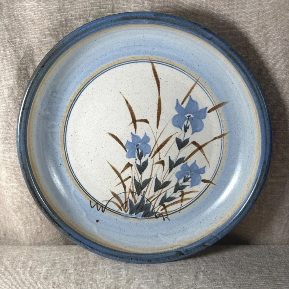 Serving Bowl Good Vintage Hand Painted Blue Floral Studio Pottery Signed